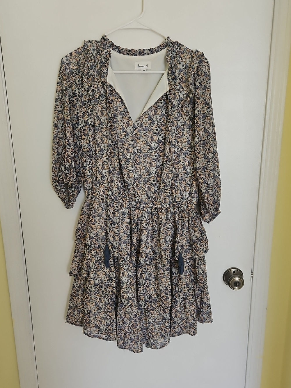 Navy and Beige Floral Tiered Mini Dress